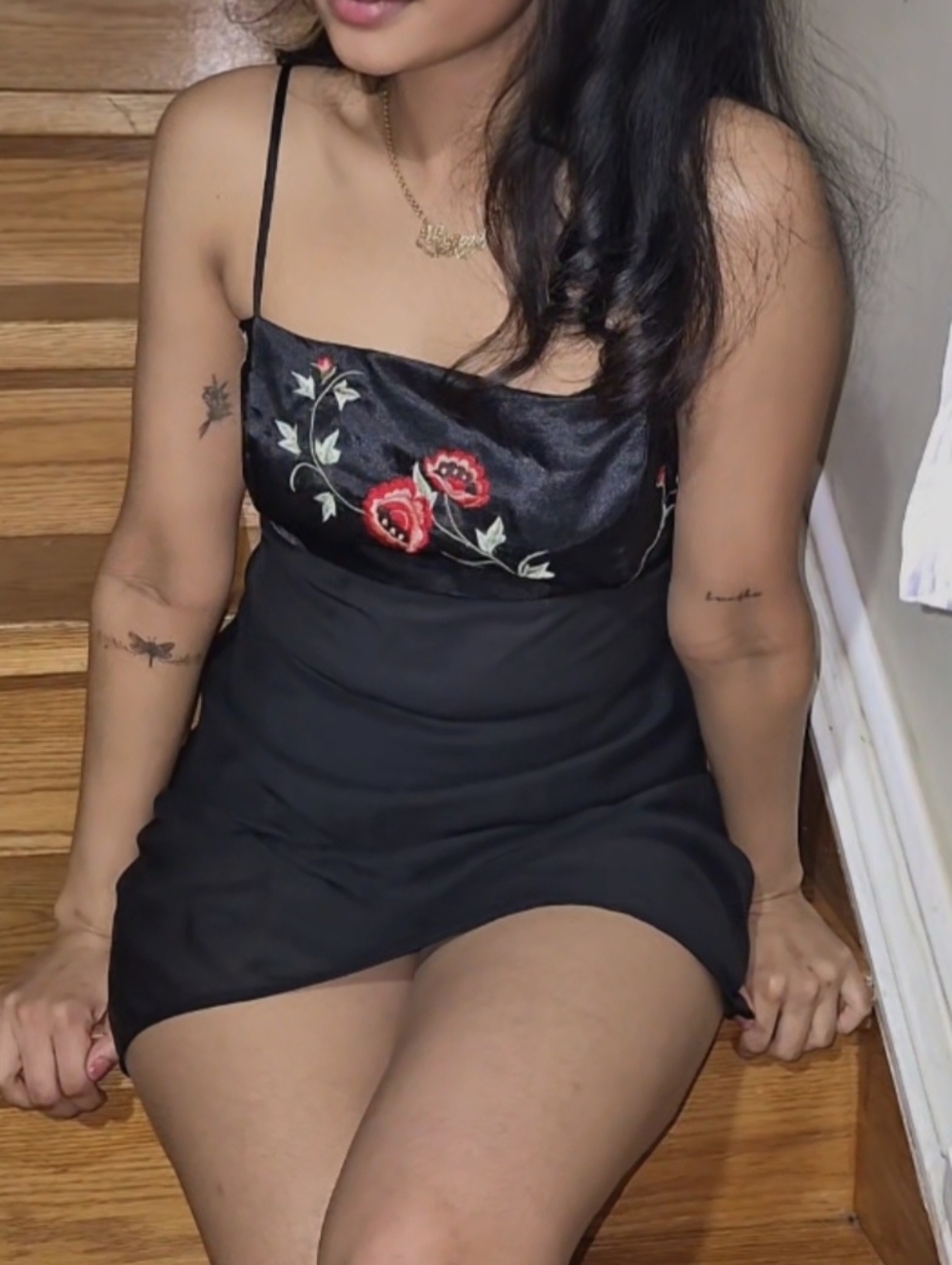 Black Satin Slip Dress with Red Floral Embroidery
